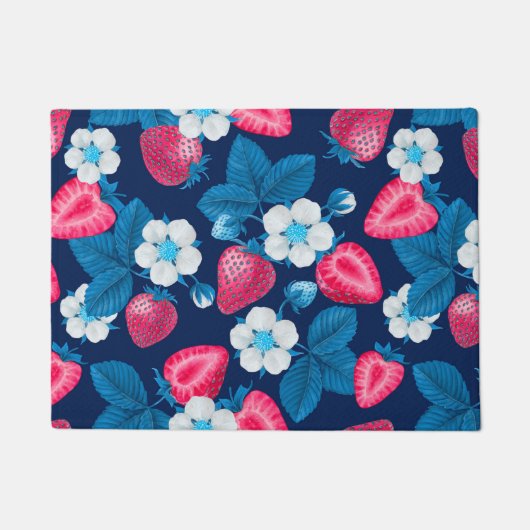 Roze aardbeien op blauw deurmat (Voorkant)