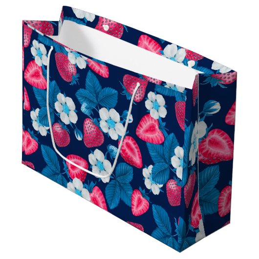 Roze aardbeien op blauw groot cadeauzakje (Voorkant Gekanteld)
