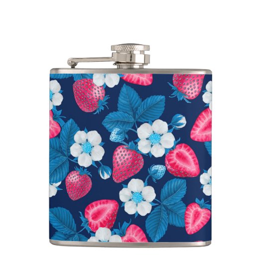 Roze aardbeien op blauw heupfles (Voorkant)