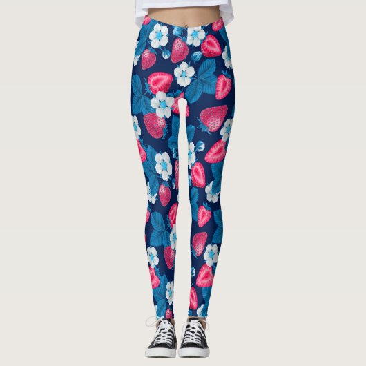 Roze aardbeien op blauw leggings (Voorkant)