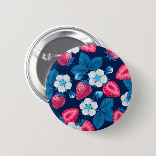 Roze aardbeien op blauw ronde button 5,7 cm (Voorkant /achterkant)