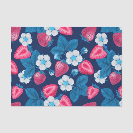 Roze aardbeien op blauw tissuepapier (Voorkant)