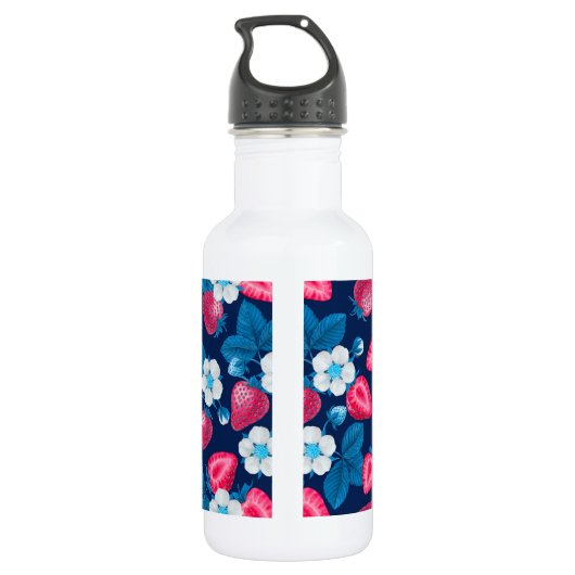 Roze aardbeien op blauw waterfles  (Achterkant)