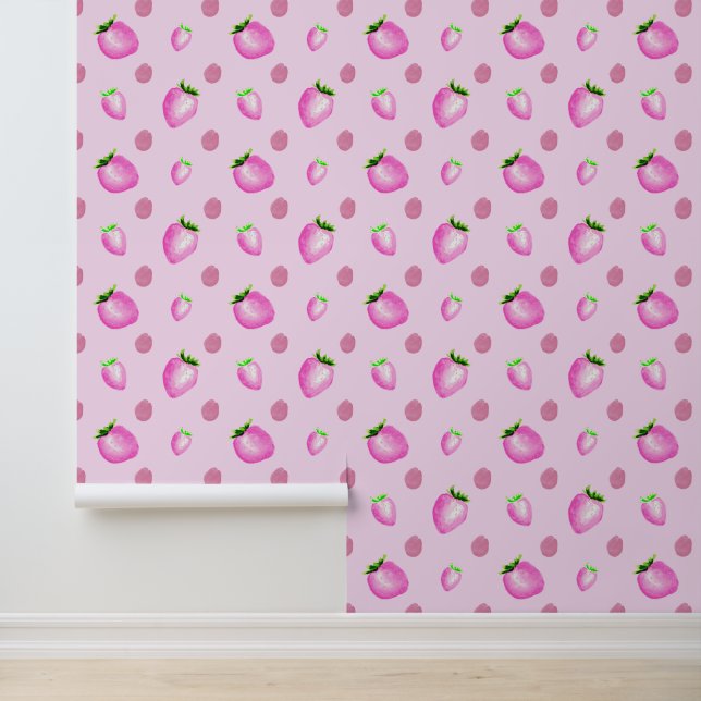 Roze Aardbeien Waterverf Baby Nursery Behang (Applicatie)
