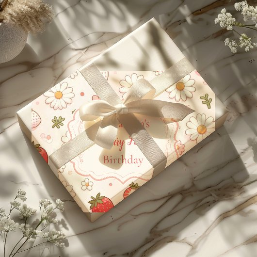 Roze aardbeienbes Eerste 1e verjaardag Cadeaupapier