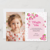 Roze Aardbeienbes Eerste 1e Verjaardag Foto Bedankkaart (Voorkant)