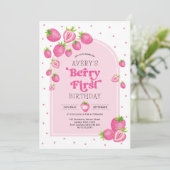 Roze aardbeienbes Eerste 1e verjaardag Kaart (Staand voorkant)