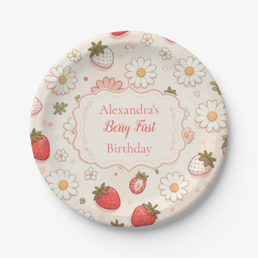 Roze aardbeienbes Eerste 1e verjaardag Papieren Bordje (Voorkant)
