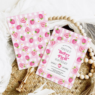 Roze Aardbeienbes Eerste 1e Verjaardags Meisje Kaart