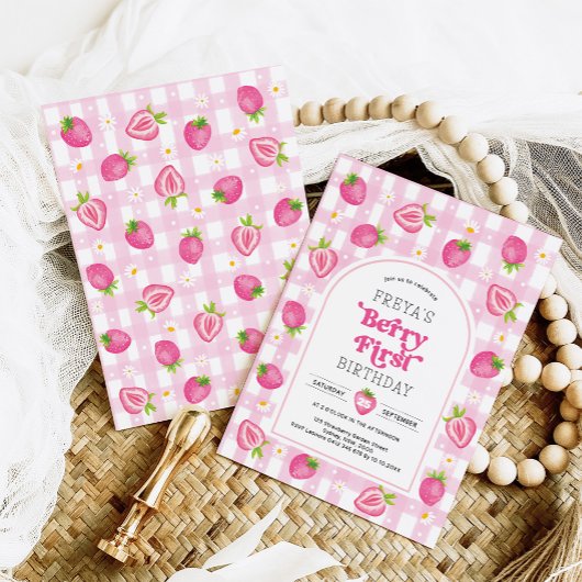 Roze Aardbeienbes Eerste 1e Verjaardags Meisje Kaart