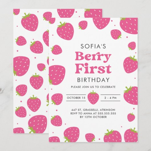 Roze aardbeienbes eerste 1e zomerverjaardag kaart (Voorkant / Achterkant)