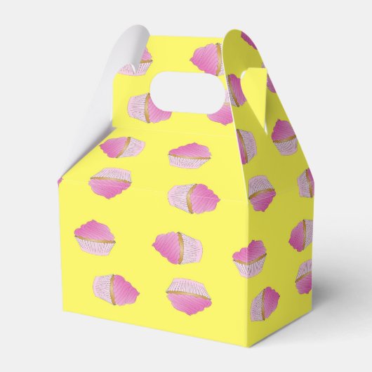 Roze aardbeiencupcakes op geel bedankdoosjes (Voorkant Zijde)