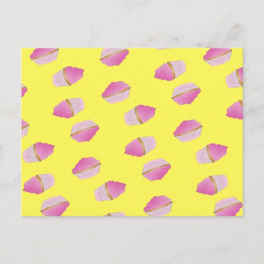 Roze aardbeiencupcakes op geel briefkaart (Voorkant)