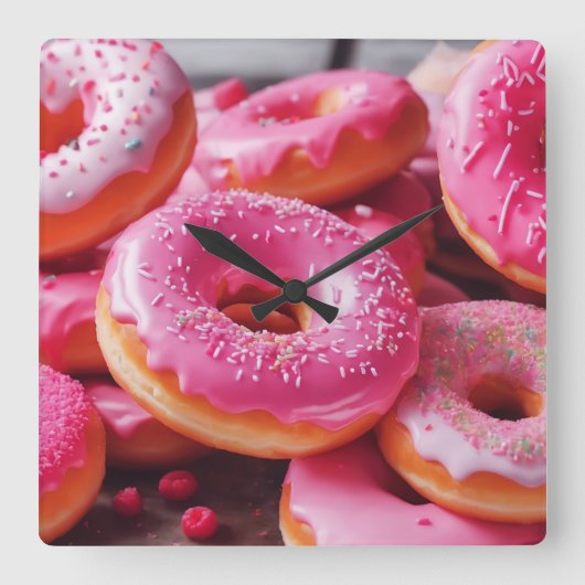 Roze aardbeiendonuts vierkante klok (Voorkant)