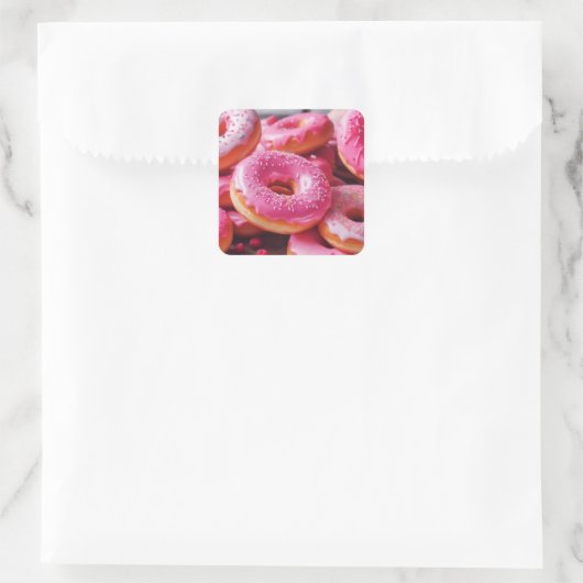 Roze aardbeiendonuts vierkante sticker (Tas)
