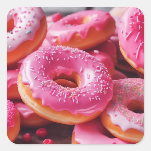 Roze aardbeiendonuts vierkante sticker (Voorkant)