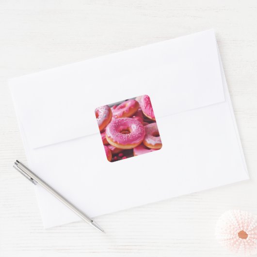Roze aardbeiendonuts vierkante sticker (Envelop)