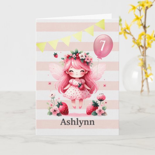 Roze Aardbeienfee 7e verjaardag Kaart (Gele Bloem)