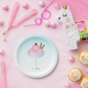 Roze Aardbeienijs Sundae Illustratie Papieren Bordje