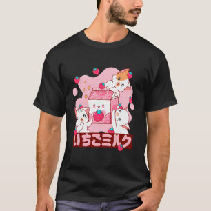 Roze aardbeienmelk Japanse kawaii-kat T-shirt