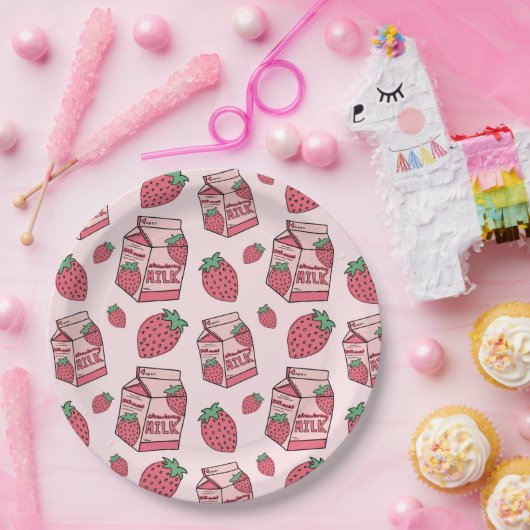 Roze aardbeienmelk Pattern Birthday Party Papieren Bordje (Feest)