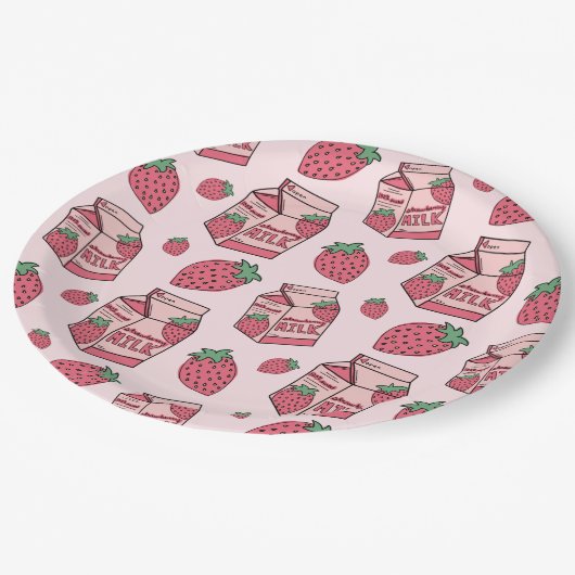 Roze aardbeienmelk Pattern Birthday Party Papieren Bordje (Gekanteld)