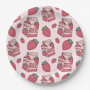 Roze aardbeienmelk Pattern Birthday Party Papieren Bordje
