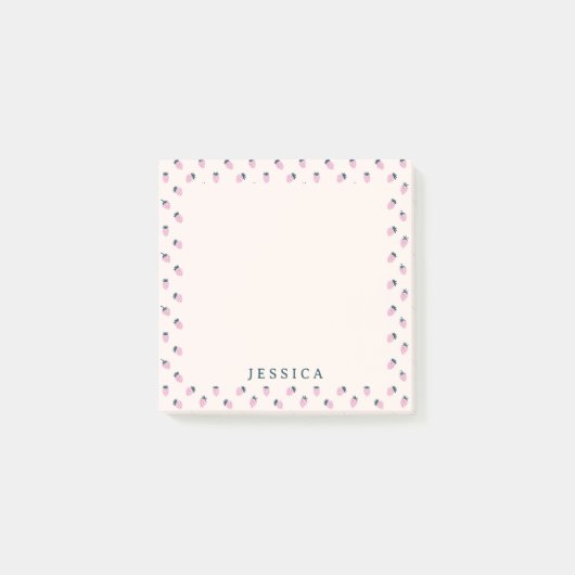 Roze aardbeienpatroon, aangepaste naam post-it® notes (Voorkant)