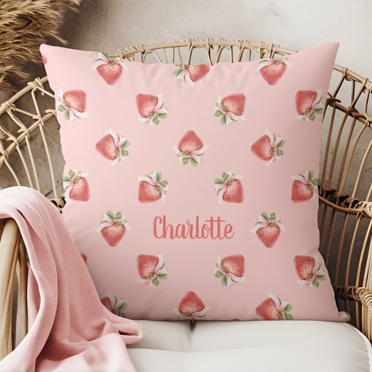 Roze aardbeienpatroon Coquette boog Kussen