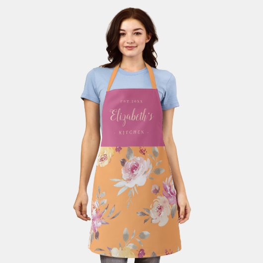 Roze abstract bloempatroon op maat gekookt schort (Gedragen)