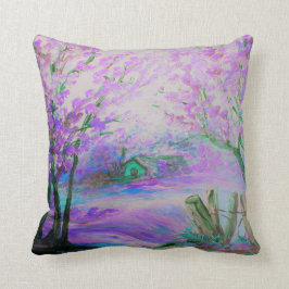 Roze Abstract landschap met bomen en Cottage Kussen