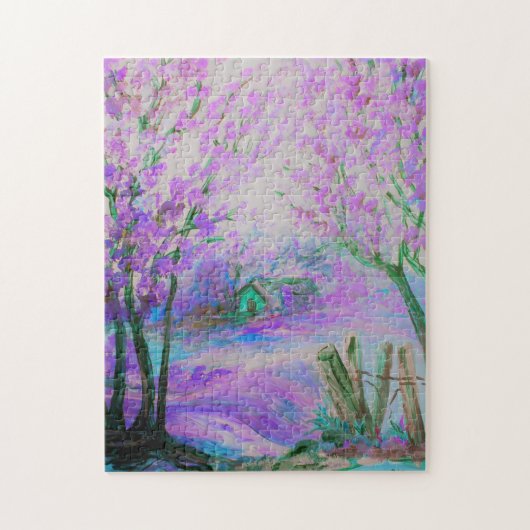 Roze Abstract Landschap met Bomen en Legpuzzel (Verticaal)