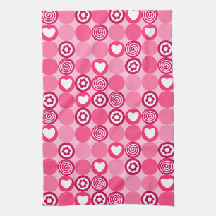 Roze abstract patroon met stippen, bloemen, hart e theedoek