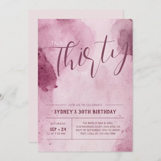 Roze Abstract Waterverf 30e Verjaardagsuitnodiging Kaart (Voorkant / Achterkant)