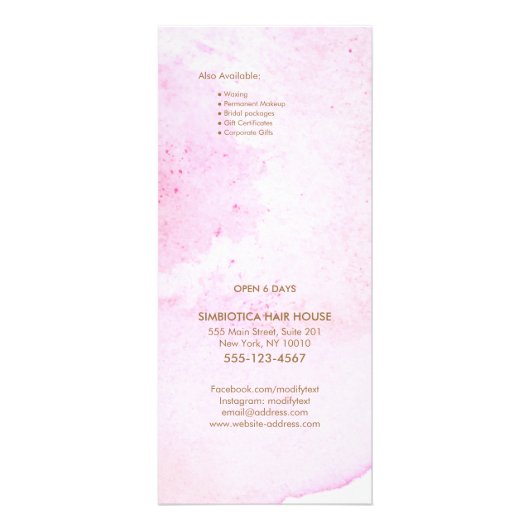 Roze Abstract Waterverf Salon prijslijst Menu (Achterkant)