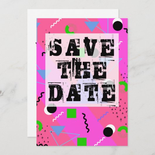 Roze Abstracte 80s Memphis Stijl sparen de Datum Kaart (Voorkant / Achterkant)