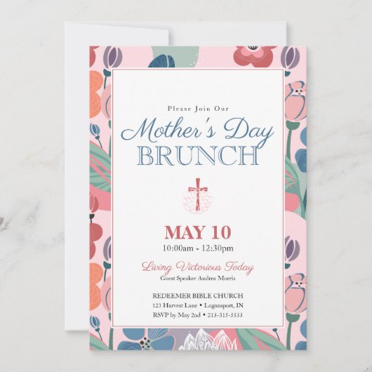 Roze Abstracte Bloemenkerk Moederdag Brunch Kaart (Voorkant)