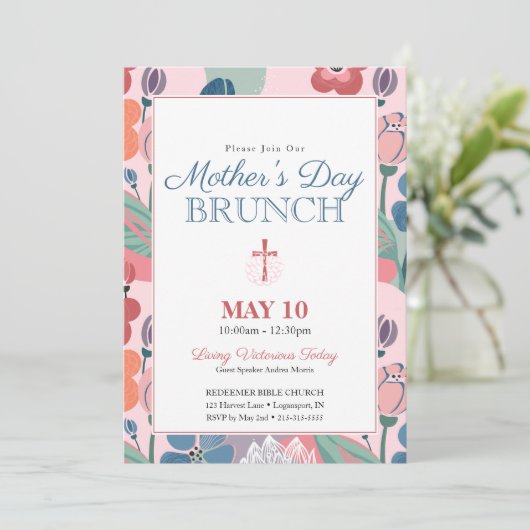 Roze Abstracte Bloemenkerk Moederdag Brunch Kaart (Staand voorkant)