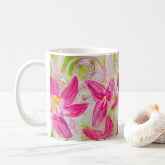 Roze Abstracte Floral Koffiemok (Met donut)