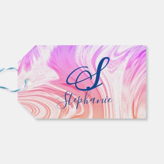 Roze Abstracte giermonogrammen met witte golven Cadeaulabel (Achterkant Horizontaal)