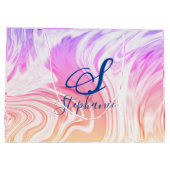 Roze Abstracte giermonogrammen met witte golven Groot Cadeauzakje (Achterkant)