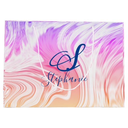 Roze Abstracte giermonogrammen met witte golven Groot Cadeauzakje (Achterkant)