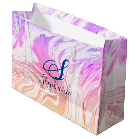 Roze Abstracte giermonogrammen met witte golven Groot Cadeauzakje (Voorkant Gekanteld)