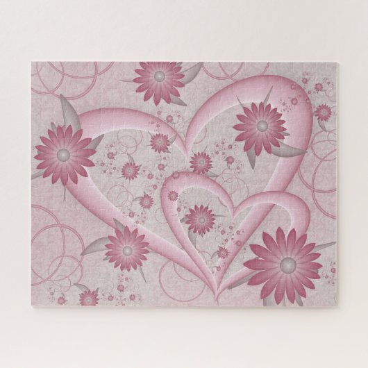 Roze Abstracte Harten & Bloemen Liefde Fractale Ku Legpuzzel (Horizontaal)