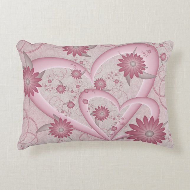 Roze abstracte harten en bloemen liefde fractale k accent kussen (Voorkant)