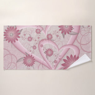 Roze abstracte harten en bloemen liefde fractale k badhanddoek