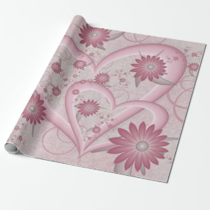 Roze abstracte harten en bloemen liefde fractale k cadeaupapier