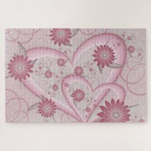 Roze abstracte harten en bloemen liefde fractale k legpuzzel