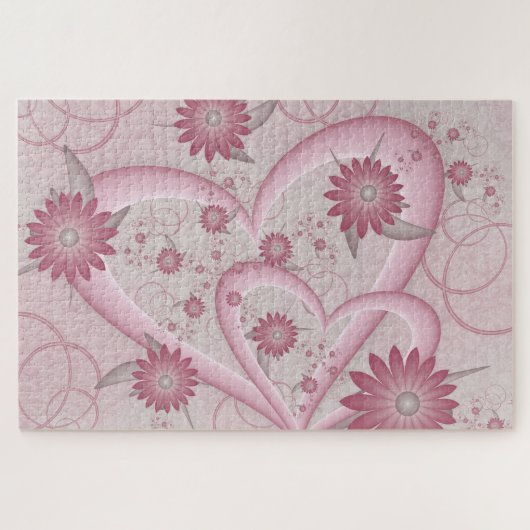 Roze abstracte harten en bloemen liefde fractale k legpuzzel (Horizontaal)
