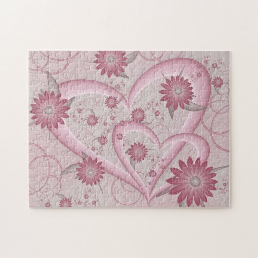 Roze abstracte harten en bloemen liefde fractale k legpuzzel (Horizontaal)